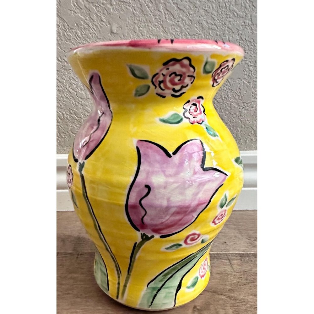 Vintage Handmade Studio Vase with Tulips Signed